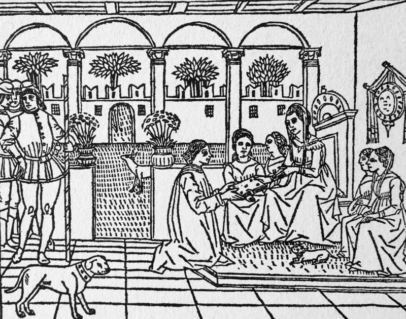 Woodcut depicting Masuccio da Salerno presenting his 'Novellino' to a noble lady
