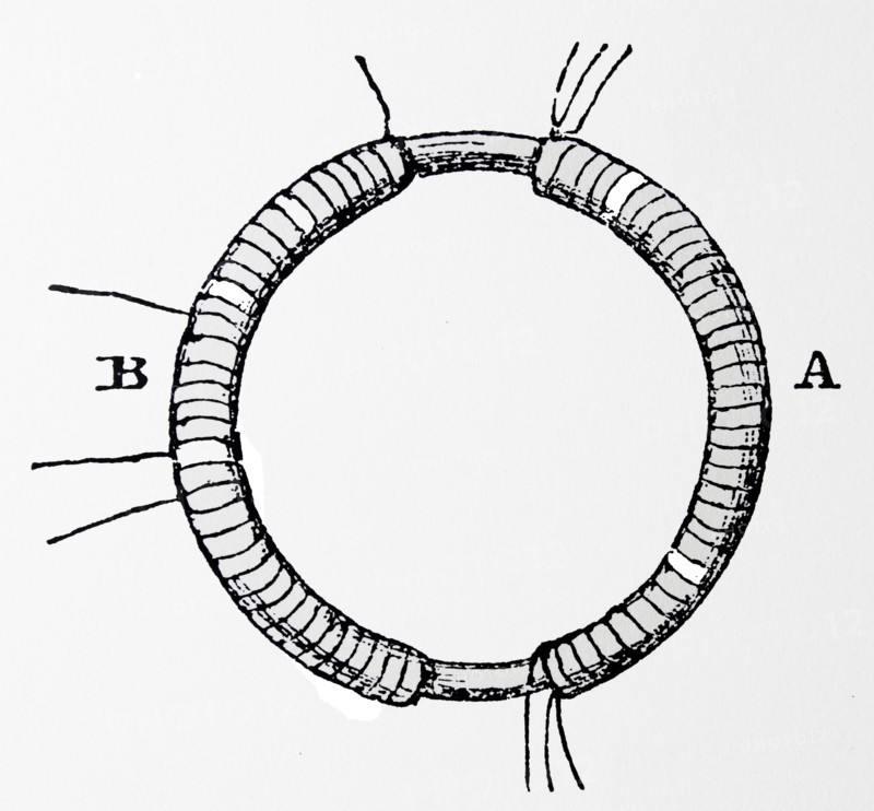 The first TRANSFORMER: The iron ring is wound with two separate coils of wire, A and B. Both coils are wired in sections. Current through A from a battery induces a current in B. Engraving after a sketch in Faraday's notebook