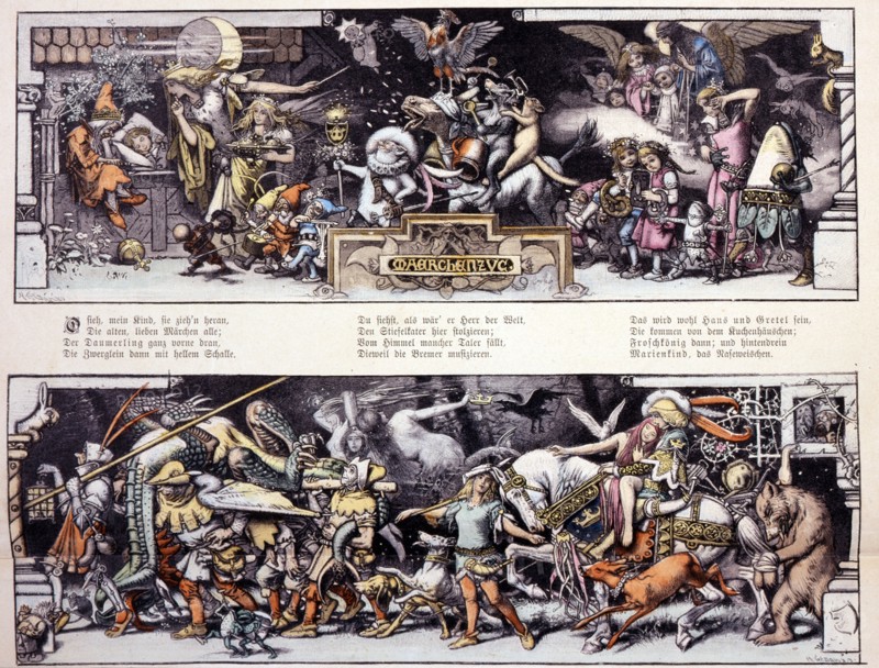 Illustration shows procession of characters from fairy tales including Puss in Boots