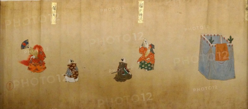 handpainted scroll circa 1700. Depicts classical Japanese No Theatre