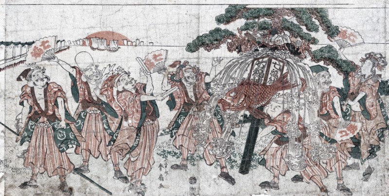 Woodcut illusration of the seven lucky gods of Japan. Dated c1890