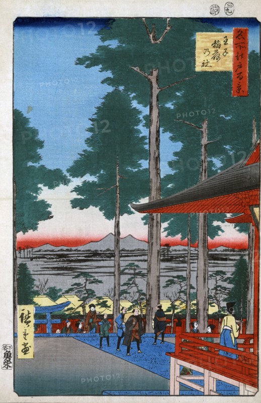 Woodcut illustration shows Japanese worshippers arriving at the Oji Inari shrine.