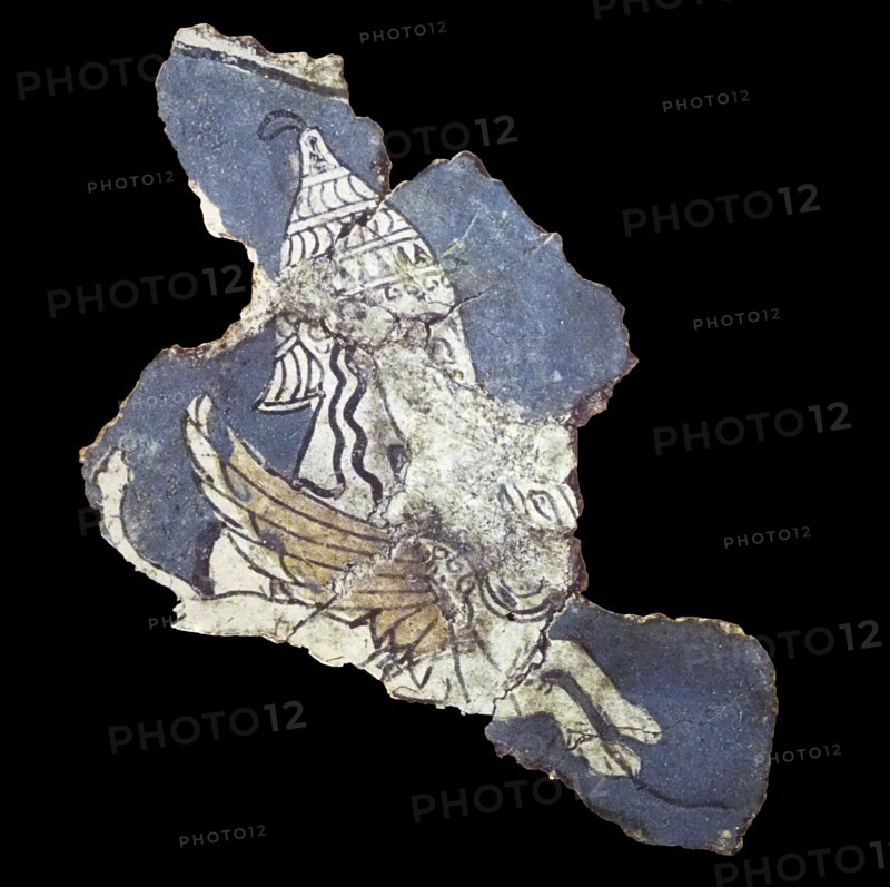 Fresco depicting a warrior goddess carrying a griffin
