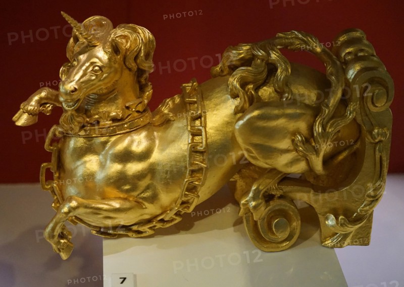 Carved and gilded wooden unicorn figurine bearing the Royal Arms