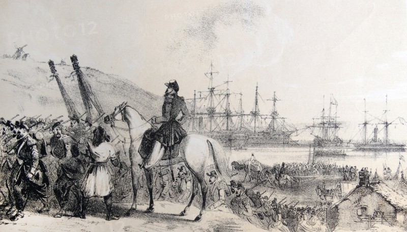 Tinted lithograph of the French depot and landing place