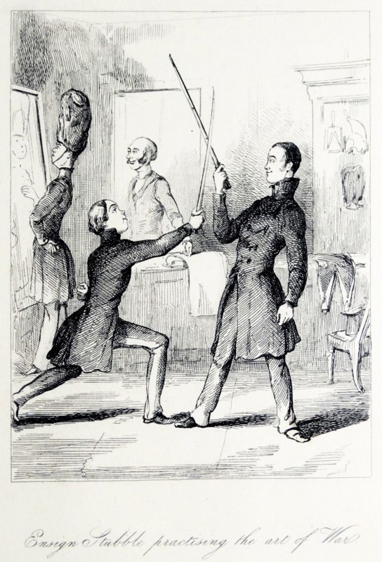 Illustration depicting Ensign Stubble and Captain Dobbin from Vanity Fair by William Makepeace Thackeray