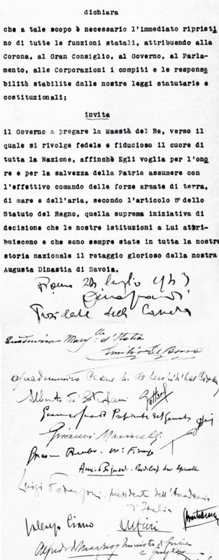Fascist grand Council resolution against Benito Mussolini