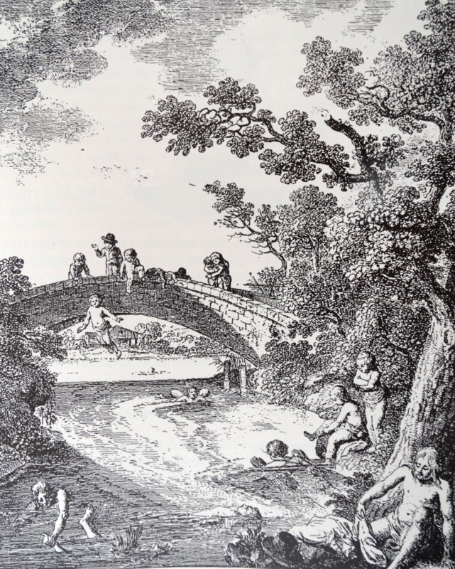 Engraving depicting groups of young men and children swimming in a stream