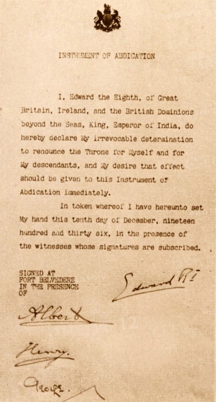 Copy of the document that confirms the abdication of King Edward VIII
