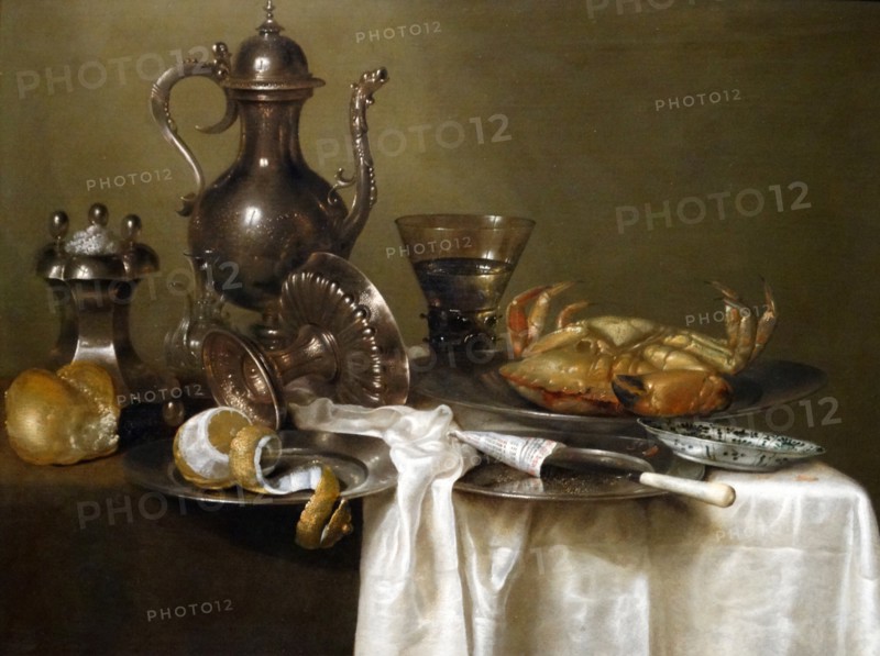 Pewter and Silver Vessels and a Crab