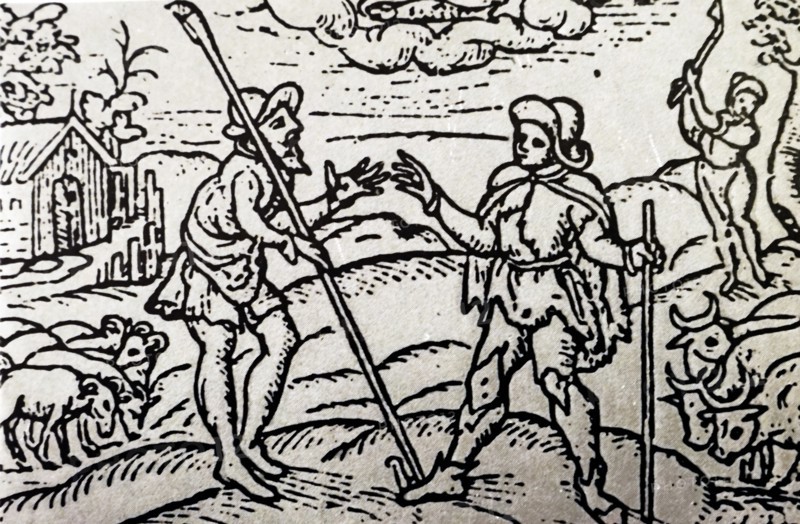 Woodblock print depicting farmers with animals