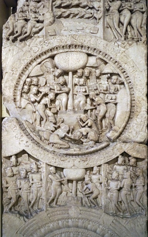 Central roundel depicting the gift of food to the Buddha from a Stupa