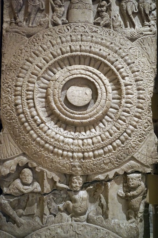 Railing depicting lotuses and dancing dwarfs