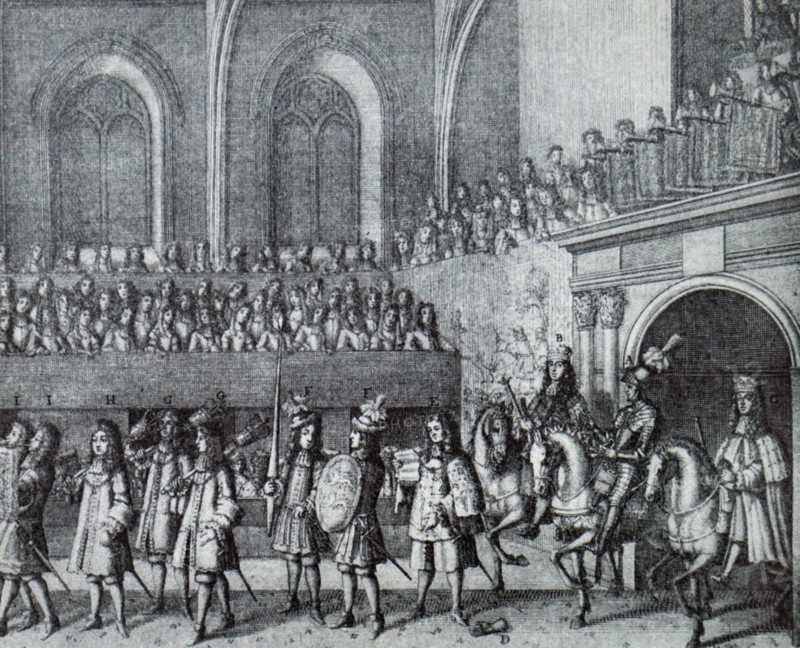 Engraving depicting King James II's Champion performing a Challenge