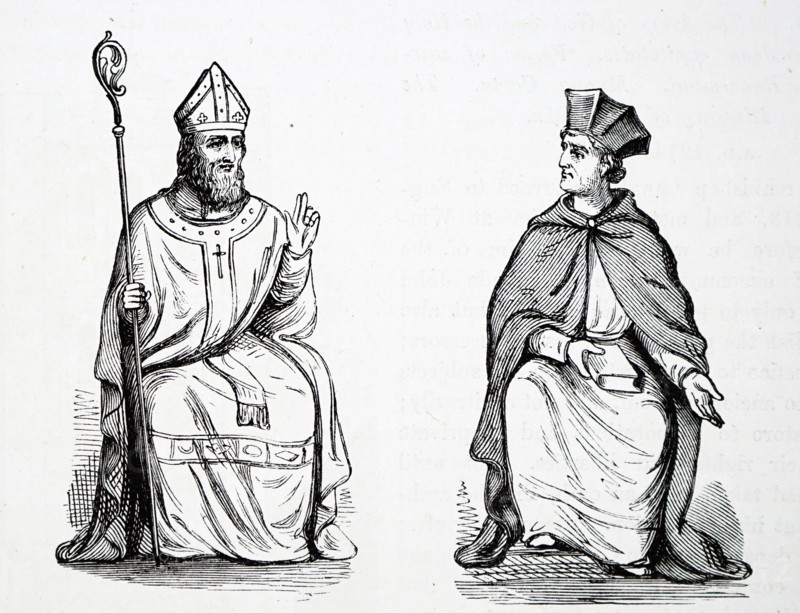 Engraving of a medieval Archbishop and Cardinal