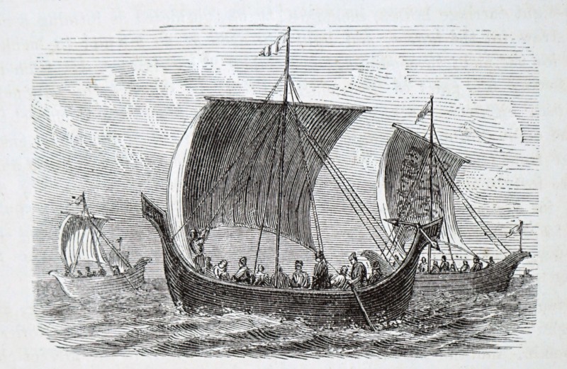 Engraving depicting English ships sailing
