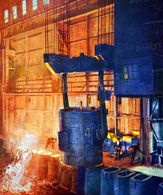Molten steel being poured into ingot moulds at Ebbw Vale Steel Works