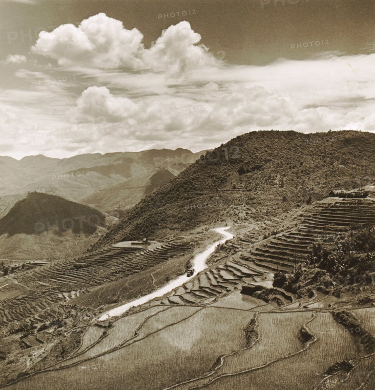 Aerial view of terraced fields and roadway in China