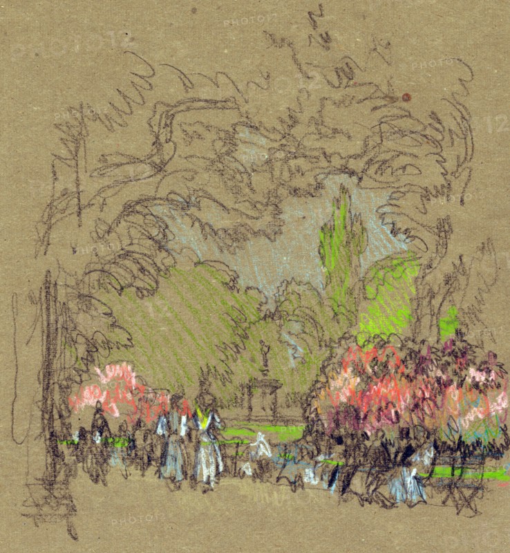 Benches in Kensington Park by American Artist Joseph Pennell