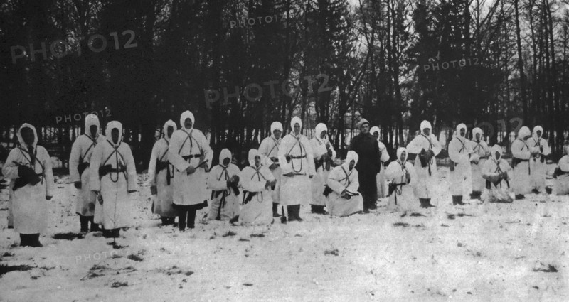 WWI Russian troops advance through a snow covered landscape in Galicia