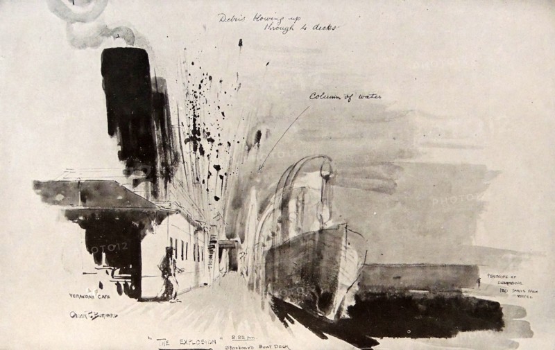 Damage to the SS Lusitania as she sinks below the surface of the sea.