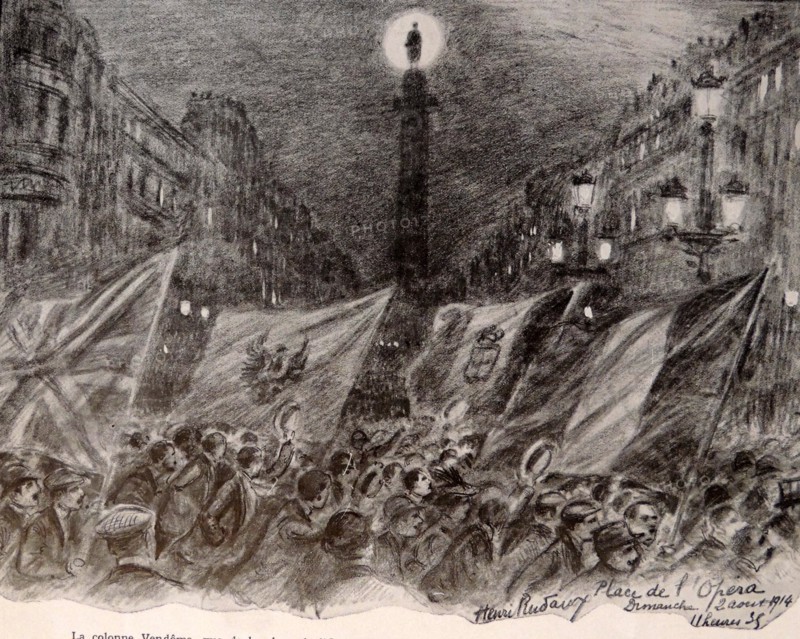 Crowds waving flags in parade through the palace Vendome