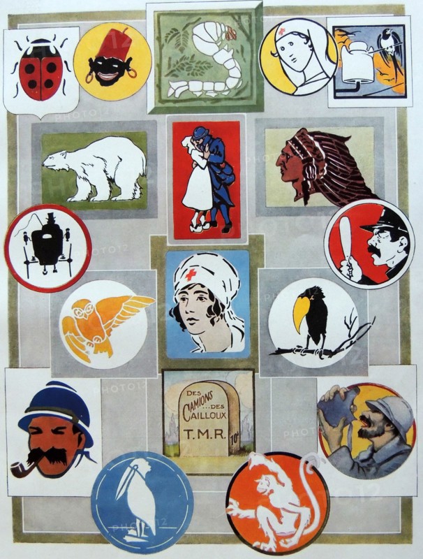 Insignias of various motorised corps belonging to the French army.