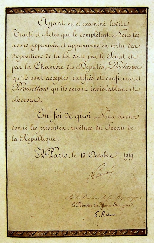 Ratification of the Treaty of Versailles on 13 October 1919