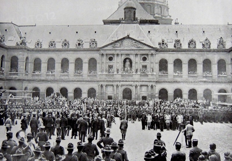 American troops march through the Place de la Concorde in Paris