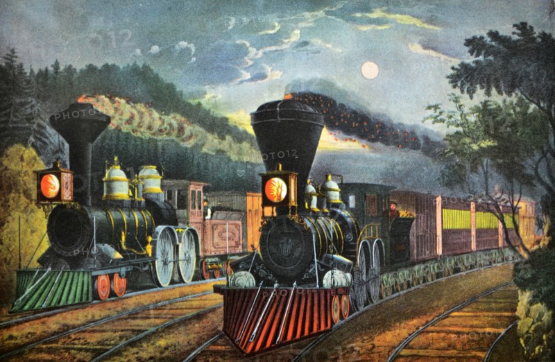 Currier & Ives Illustration. The Lightning Express Trains, 'Leaving the Junction'