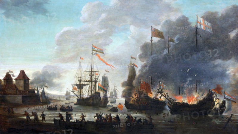 The Dutch burning English ships during the Raid on the Medway 1667.