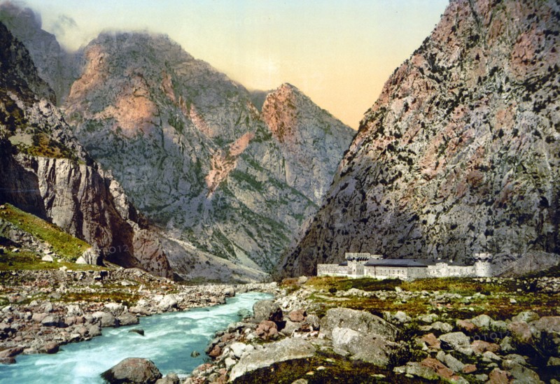 Military road with fortress in the Dariel Ravine, Caucasus, Russia