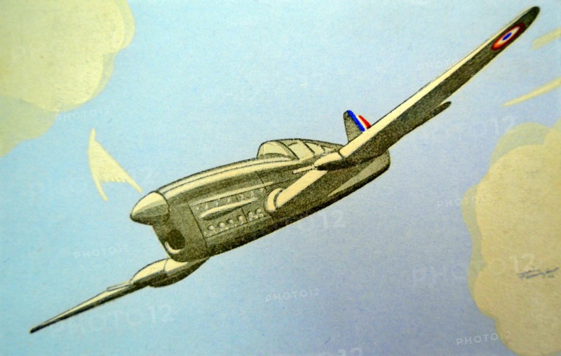 WWII: French postcard depicting a French caudron 714 aircraft