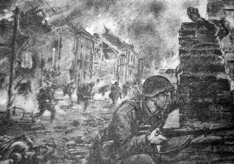 German WWII postcard showing an attack by German forces on a town in Russia