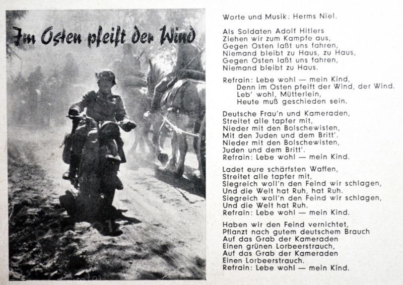 German army postcard showing the words to a patriotic song 'im osten pfeift der wind', 1942