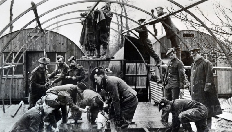 British soldiers build accommodation at a barracks, in northern France, 1940