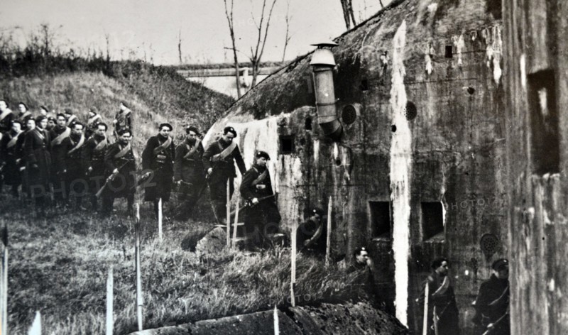 British Scottish, soldiers enter a bunker within the Maginot Line, France 1940