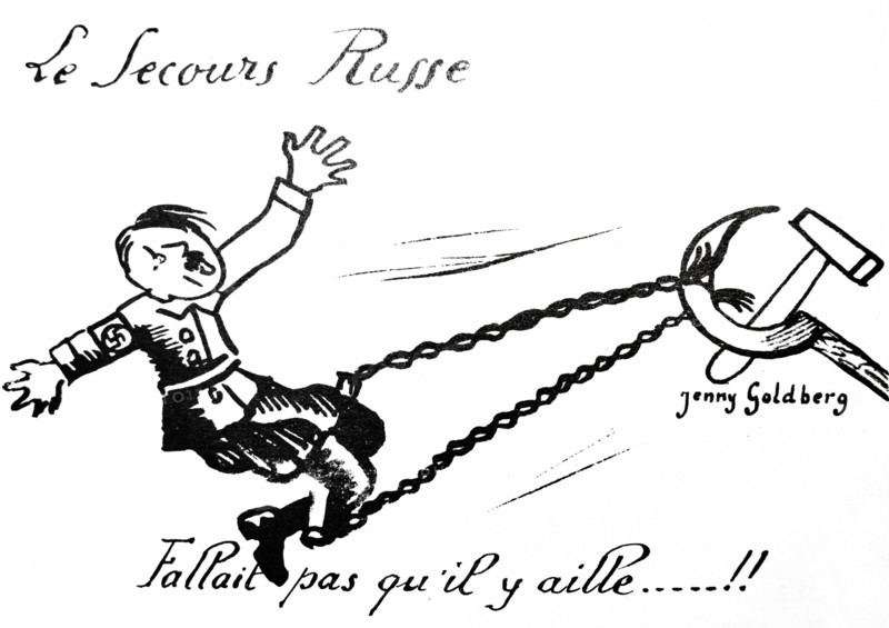 Cartoon depicting Russia chaining Adolf Hitler