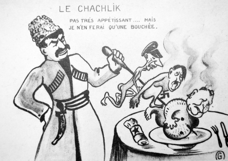 Cartoon depicting Stalin spiking Goebbels, Hitler and goring