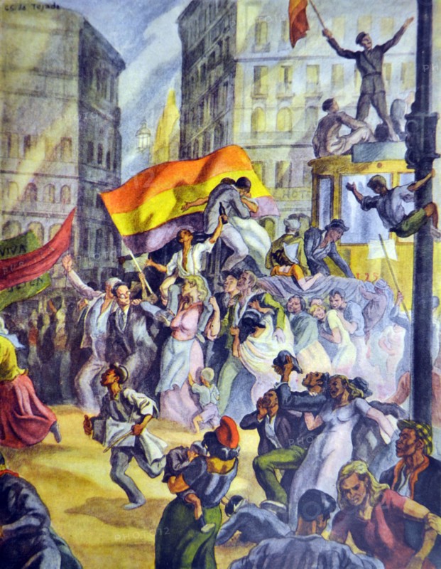 Spanish civil war: Jubilant Republicans at the Puerta del Sol, Madrid