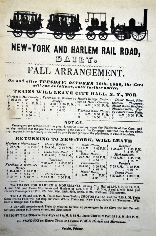 Timetable for 1848 for the New York-Harlem railway