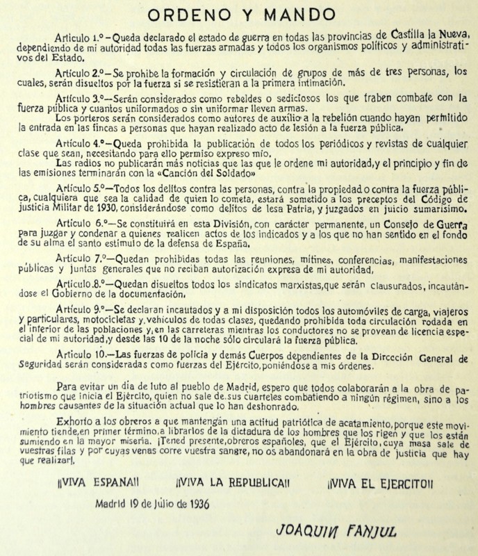 Spanish Civil War: orders issued 19th July 1936, by Joaquin Fanjul Goni