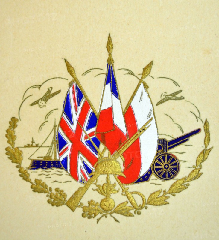 British WWII postcard showing the flags of Britain, France and Poland