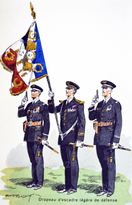 French WWII postcard showing soldiers with pistols next to an officer with a flag
