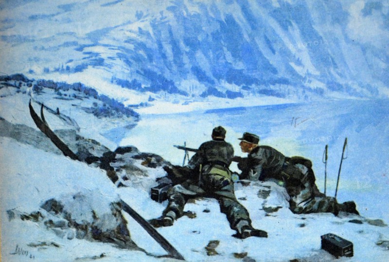German world War Two postcard showing the advance troops of the German army above the Norwegian town of Narvik. In 1940