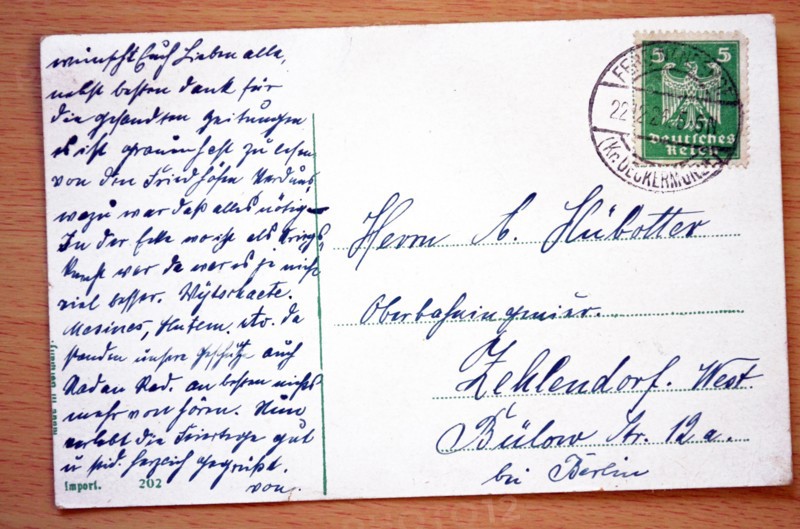 Text of a postcard message written in Weimar Germany to an address in Berlin in 1926
