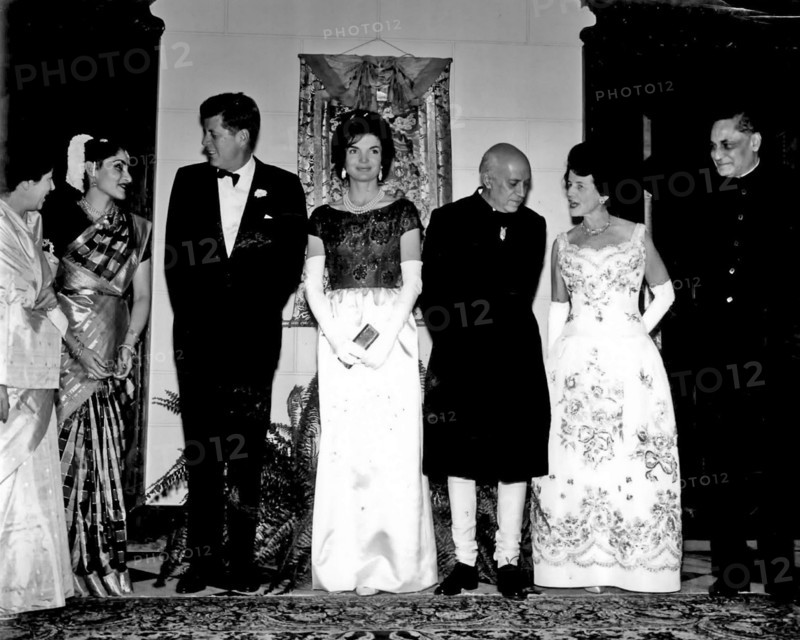 1961, Indian Prime Minister Jawaharlal Nehru gives a dinner in honor of U.S. President and Mrs. John F. Kennedy at the Indian Embassy