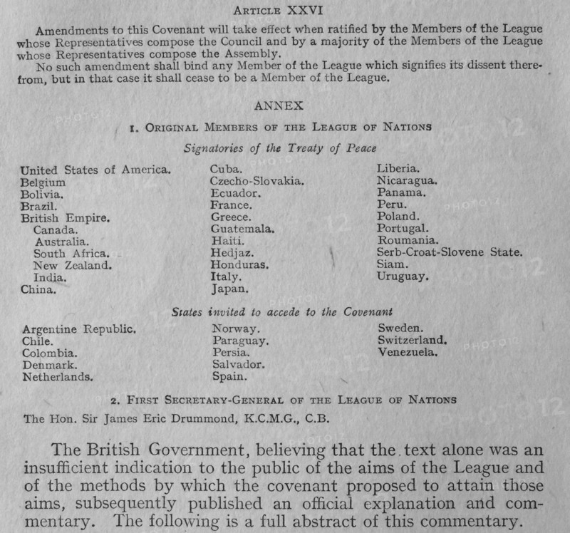The Covenant of the League of Nations was the charter of the League of Nations. 1919