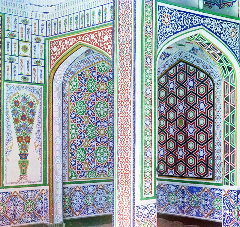 Example of mosaics on the walls in the home of a wealthy Sart. On the outskirts of Samarkand, Russia