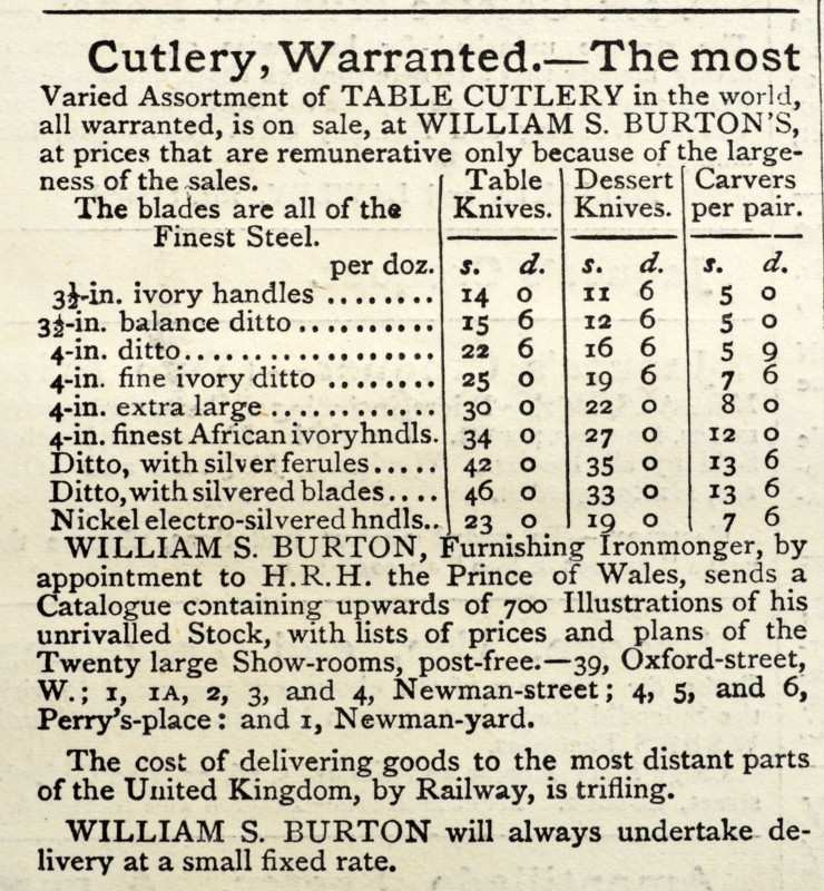 Advert in an English newspaper for stainless steel cutlery